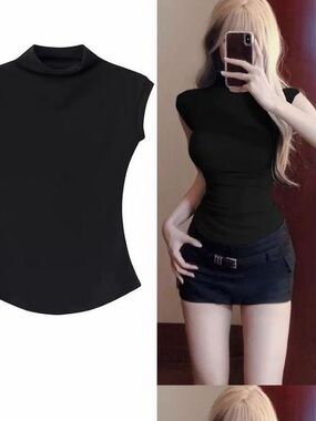Black Sleeveless Mock Neck Women's Top one size